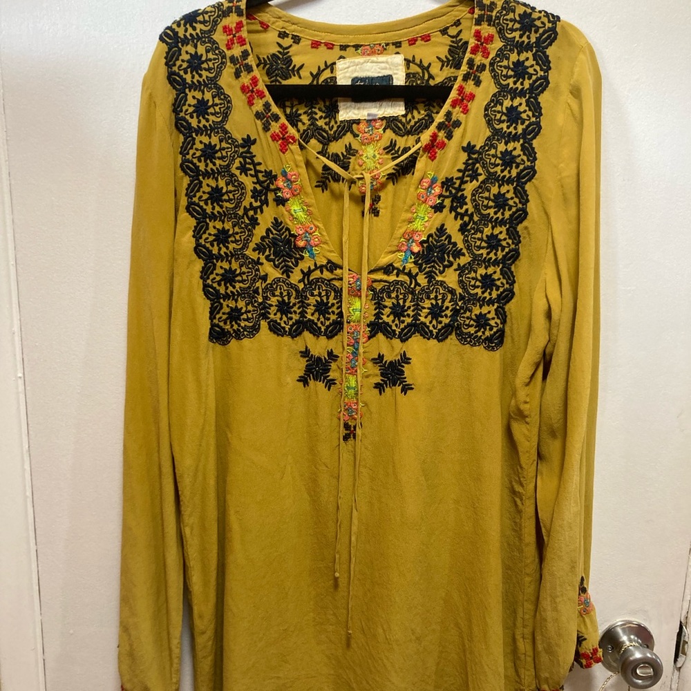 Johnny Was-Biya Mustard silk tunic with embroidery.